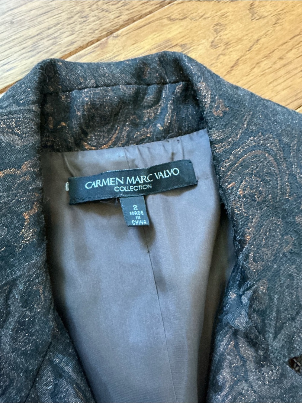Carmen Marc Valvo Collection Black and Brown Pattern Long Coat, Beaded Detail, 2 - Picture 3 of 11